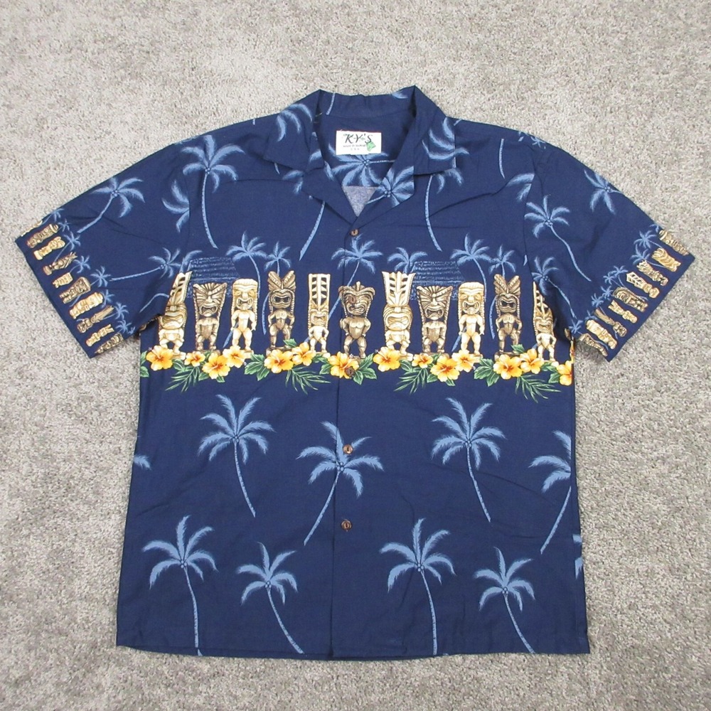 KYS Shirt Mens Large Navy Blue Hawaiian Tiki Graphic Geometric Camp Button Up